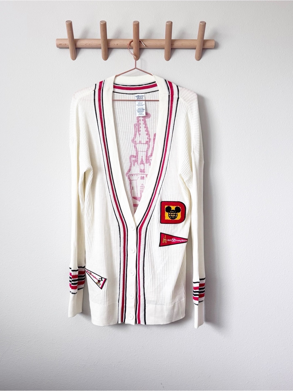 Disney 50th Anniversary Varsity Cream Cardigan with Black & Red Trim